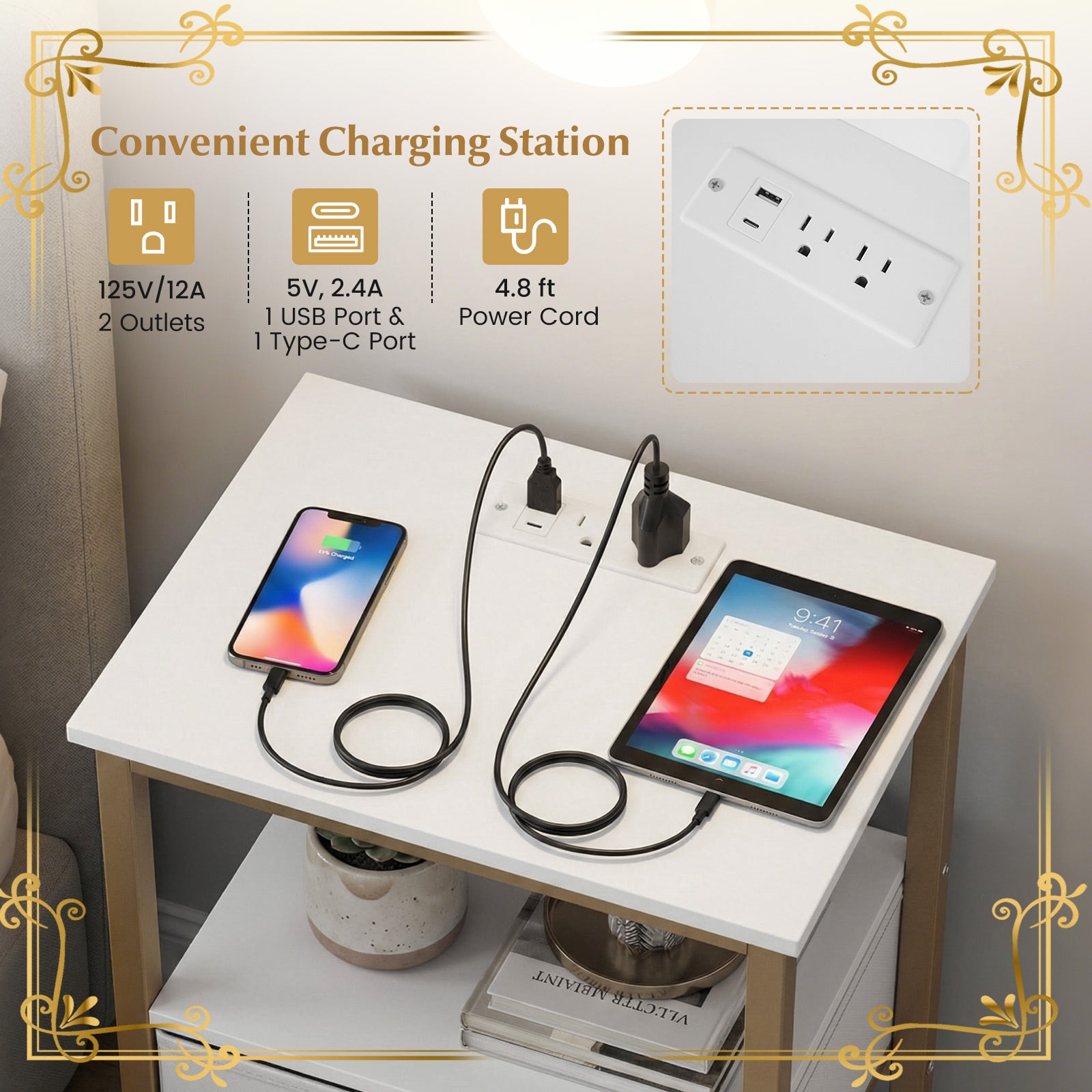 Nightstand with Charging Station and Adjustable Fabric Drawer for Bedroom and Living Room-1 Piece