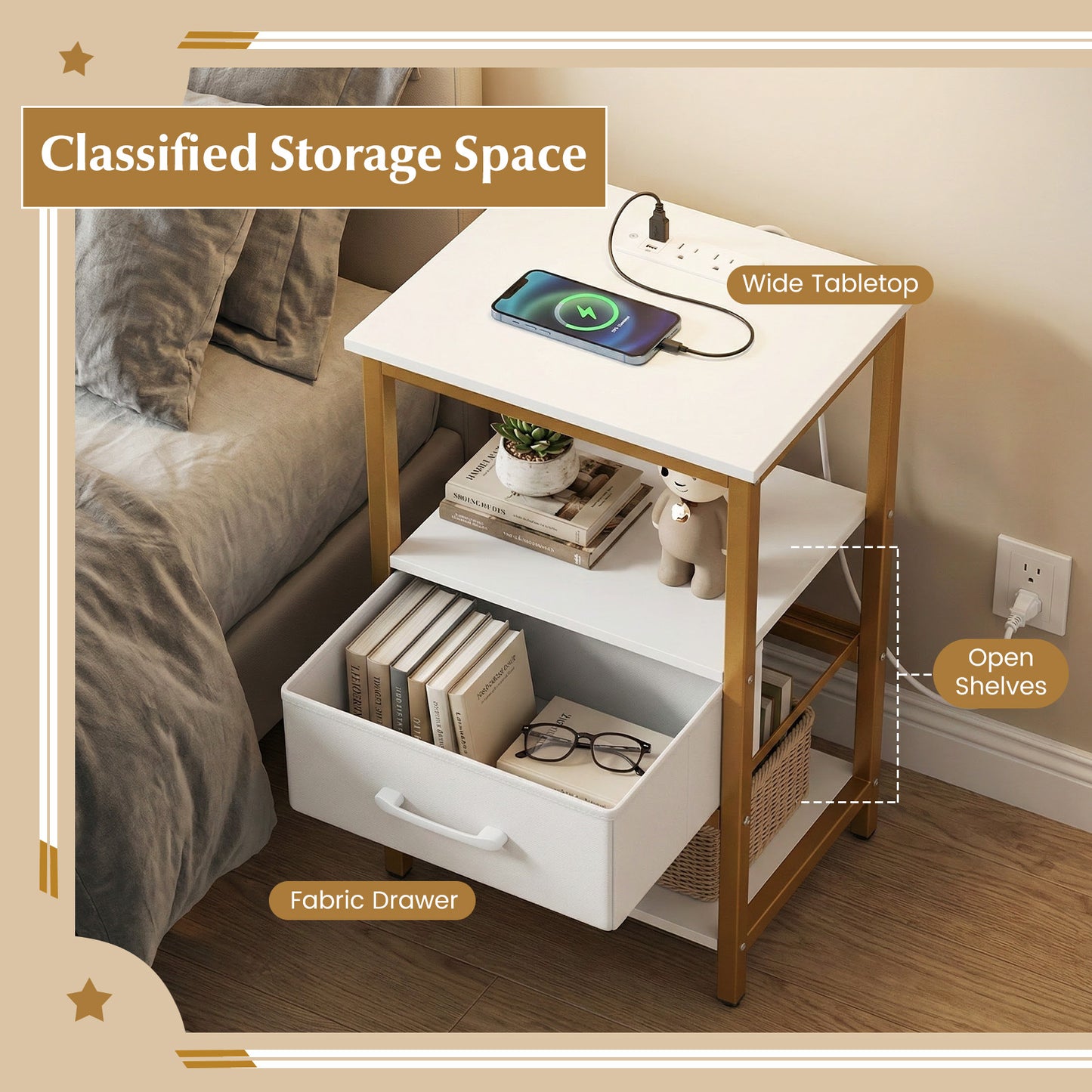 Nightstand with Charging Station and Adjustable Fabric Drawer for Bedroom and Living Room-1 Piece