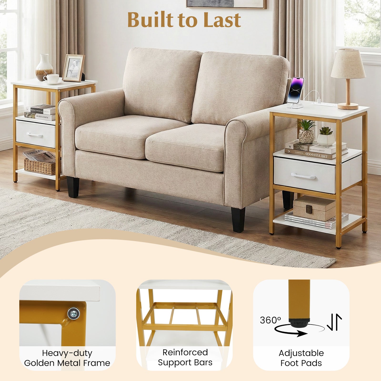 Nightstand with Charging Station and Adjustable Fabric Drawer for Bedroom and Living Room-1 Piece