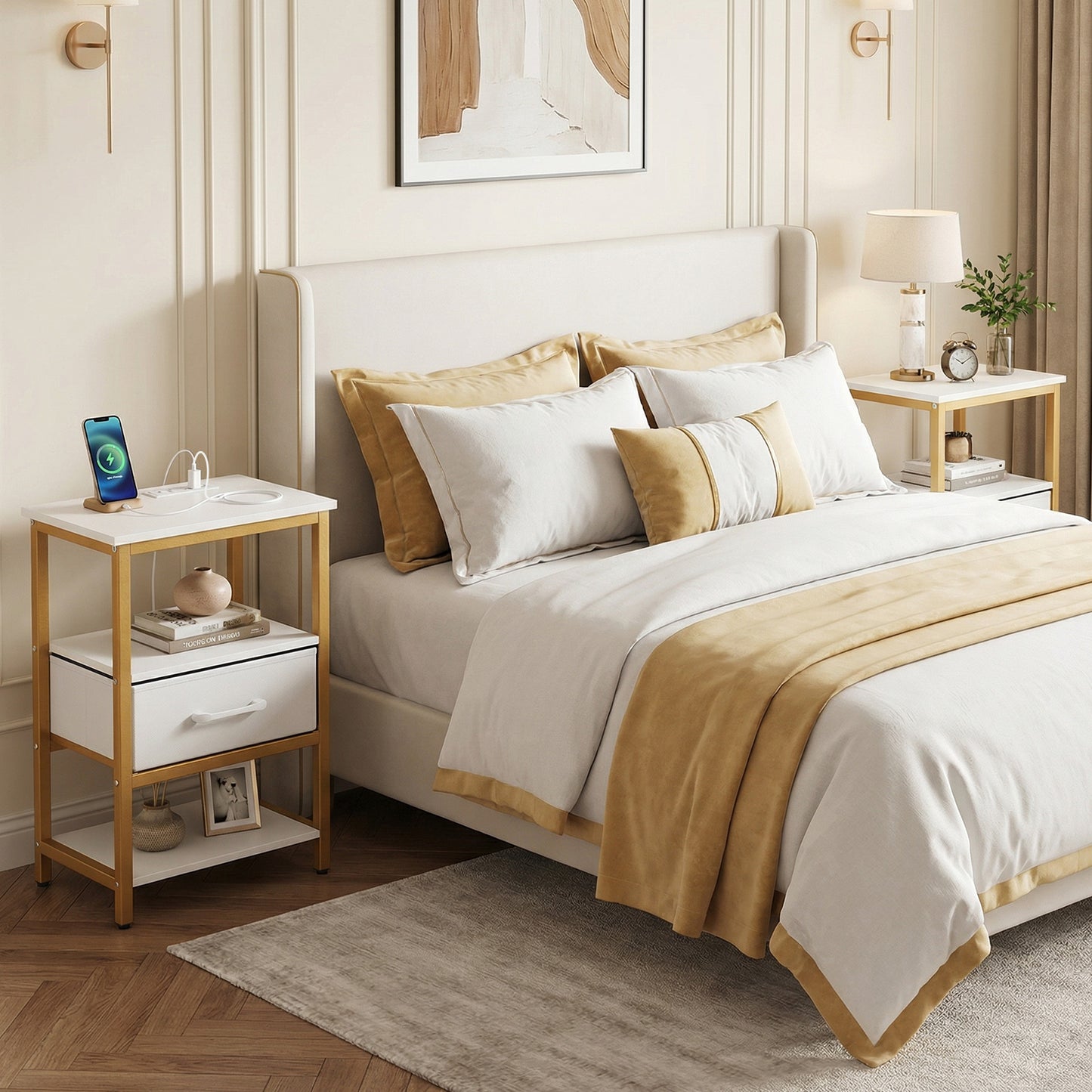 Nightstand with Charging Station and Adjustable Fabric Drawer for Bedroom and Living Room-Set of 2