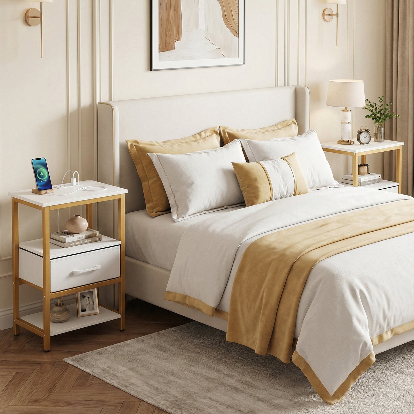 Nightstand with Charging Station and Adjustable Fabric Drawer for Bedroom and Living Room-Set of 2