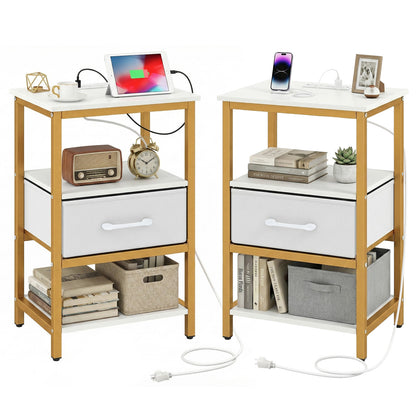 Nightstand with Charging Station and Adjustable Fabric Drawer for Bedroom and Living Room-Set of 2