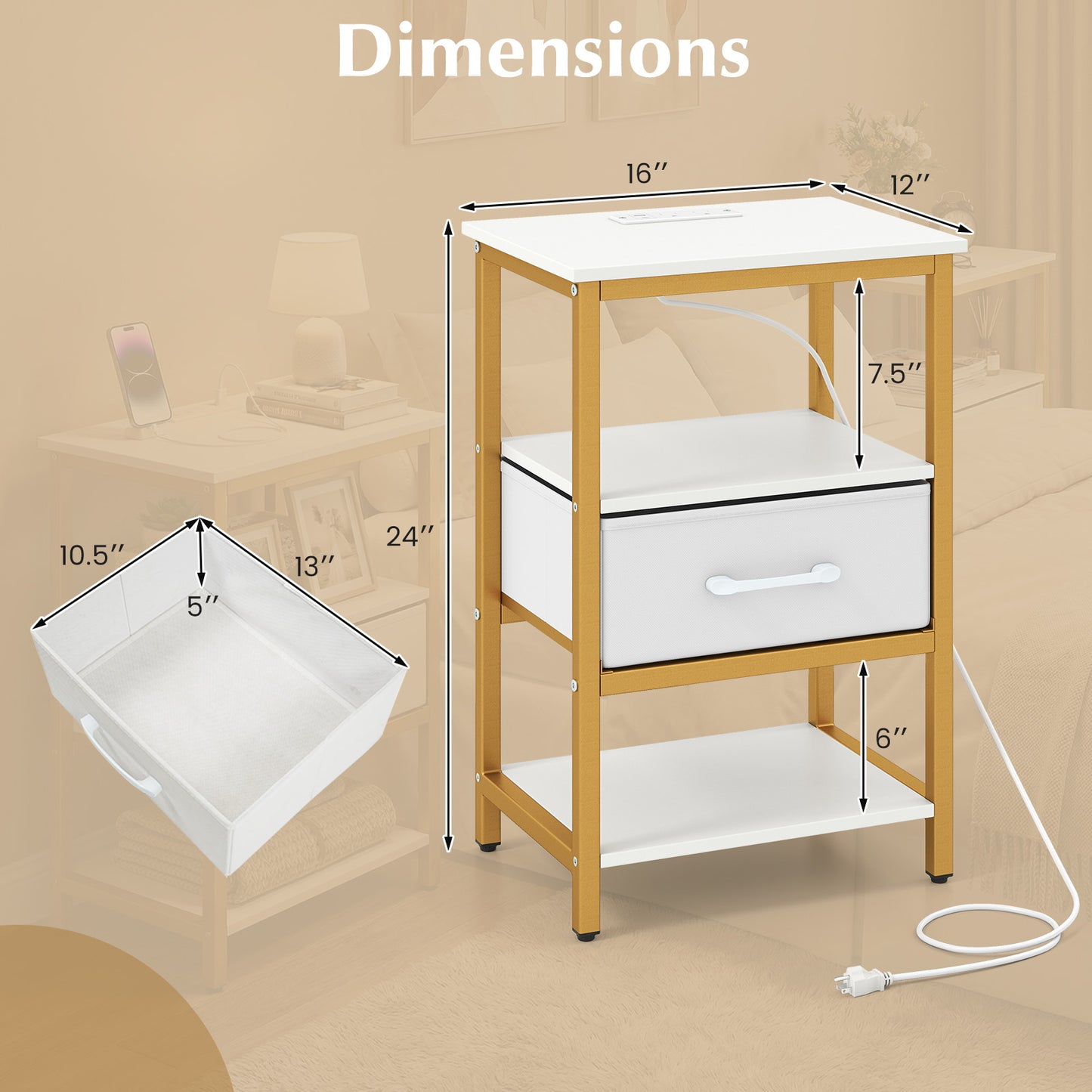 Nightstand with Charging Station and Adjustable Fabric Drawer for Bedroom and Living Room-Set of 2