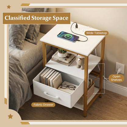 Nightstand with Charging Station and Adjustable Fabric Drawer for Bedroom and Living Room-Set of 2