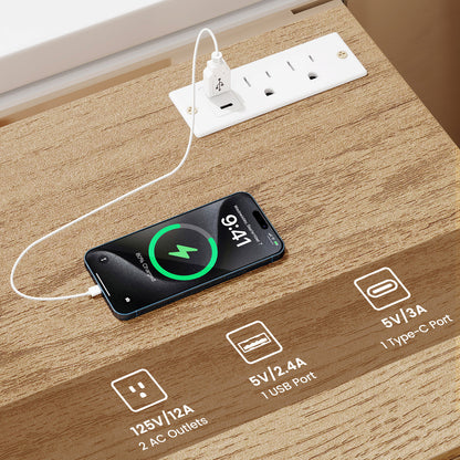 Nightstand with Charging Station End Table with 3 Storage Drawers Bedside Table for Bedroom-Natural