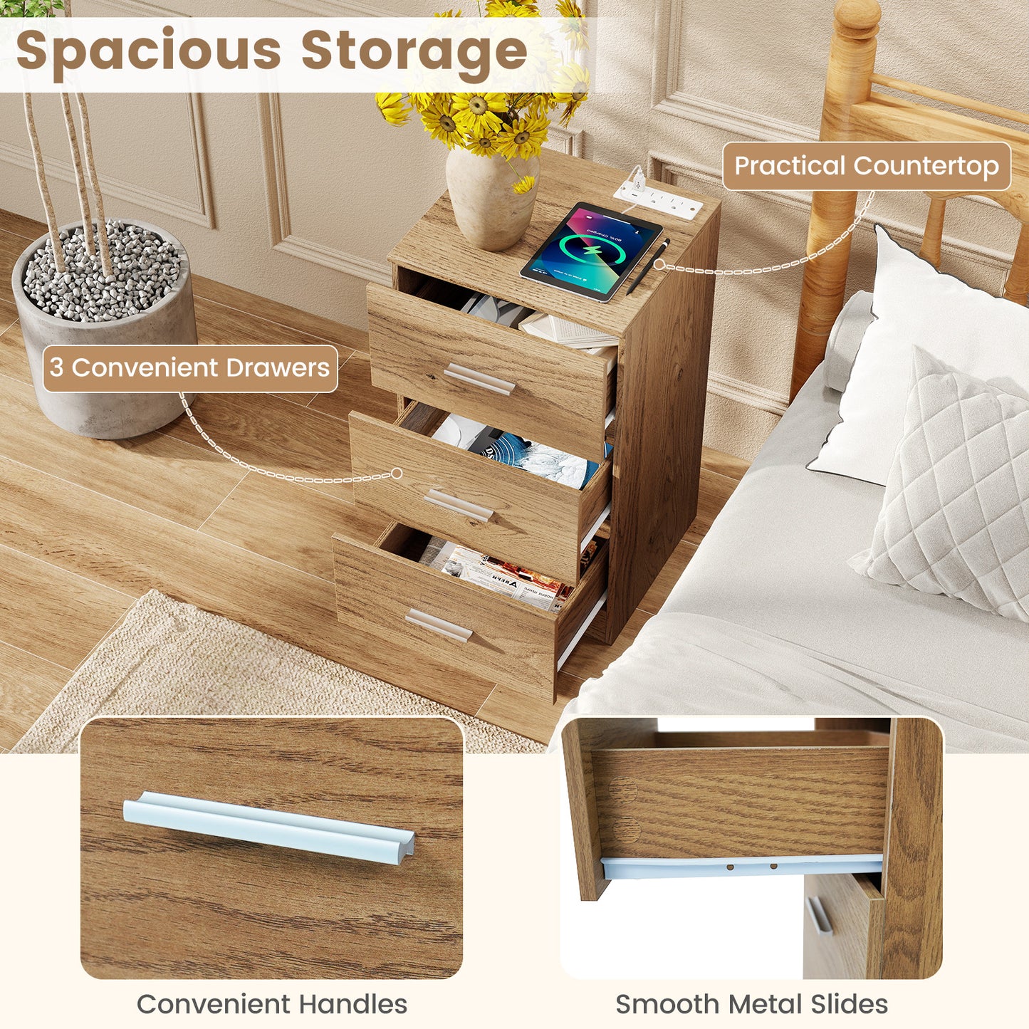 Nightstand with Charging Station End Table with 3 Storage Drawers Bedside Table for Bedroom-Natural