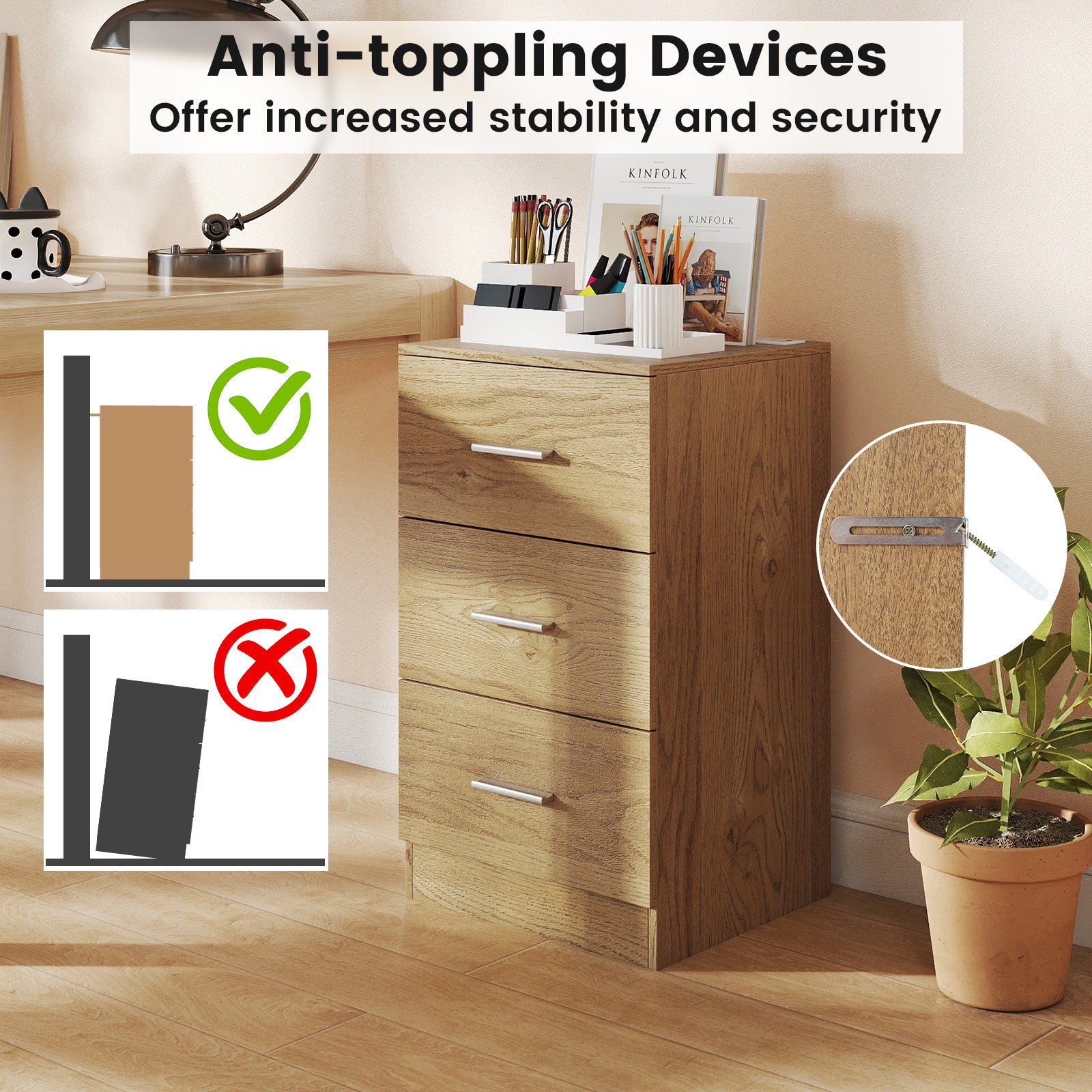 Nightstand with Charging Station End Table with 3 Storage Drawers Bedside Table for Bedroom-Natural