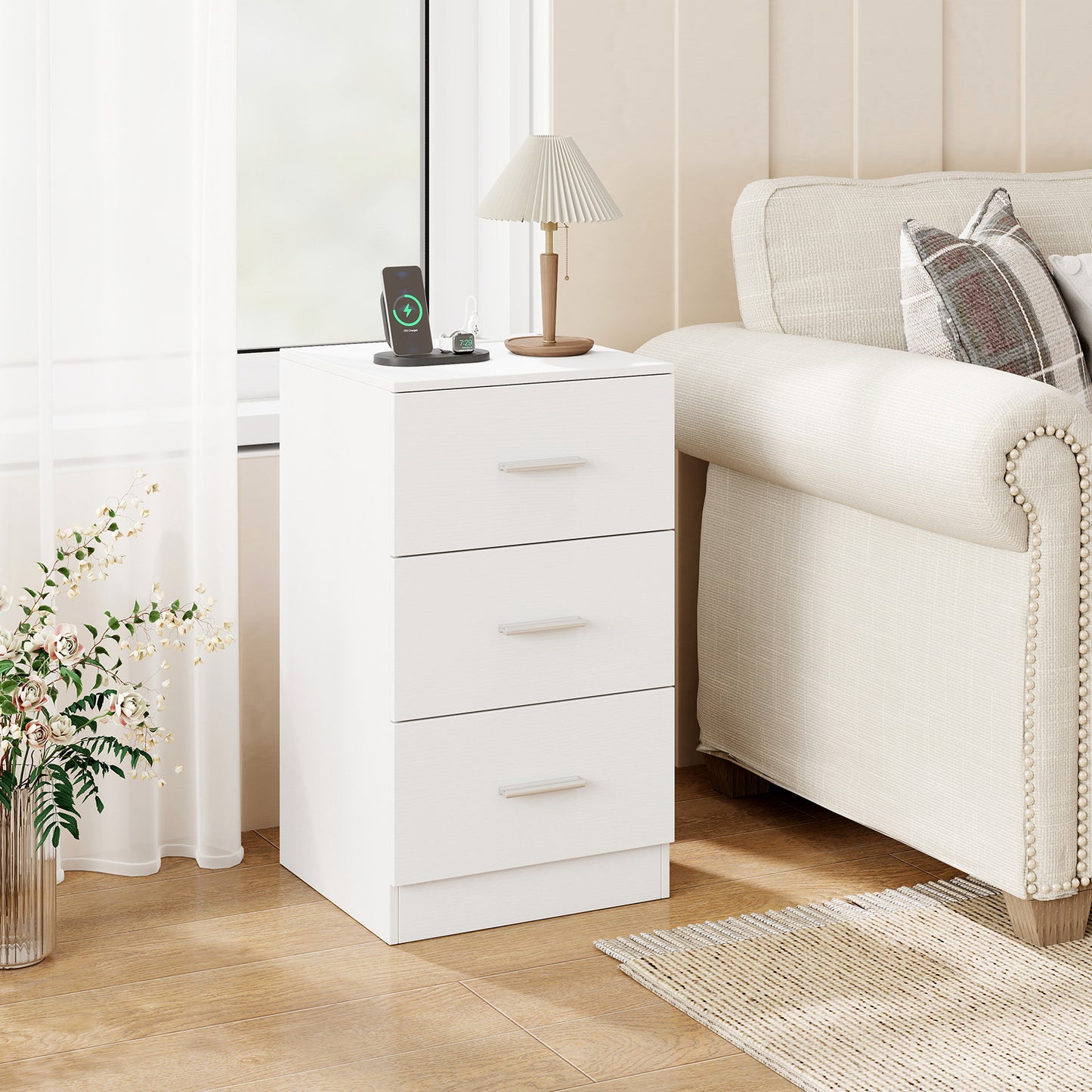 Nightstand with Charging Station End Table with 3 Storage Drawers Bedside Table for Bedroom-White