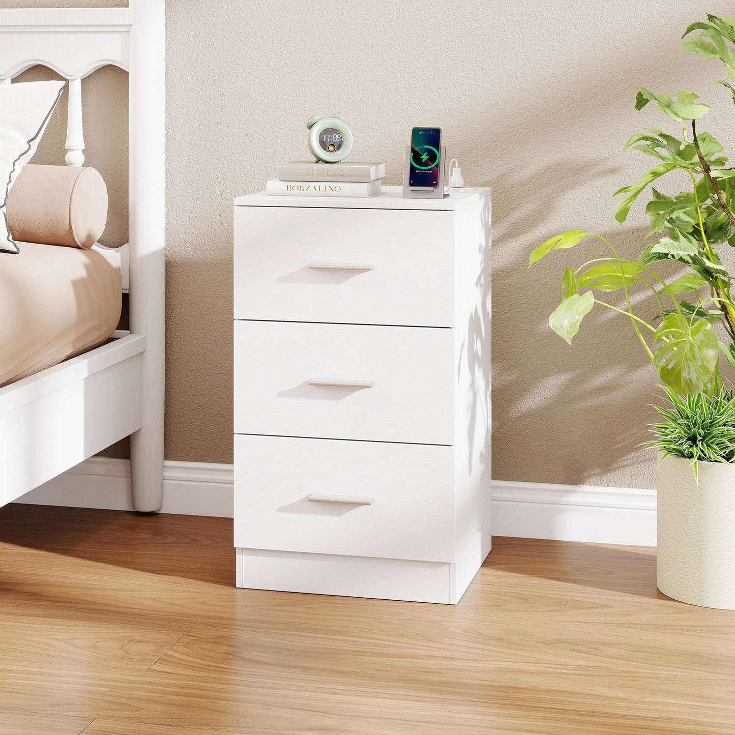 Nightstand with Charging Station End Table with 3 Storage Drawers Bedside Table for Bedroom-White