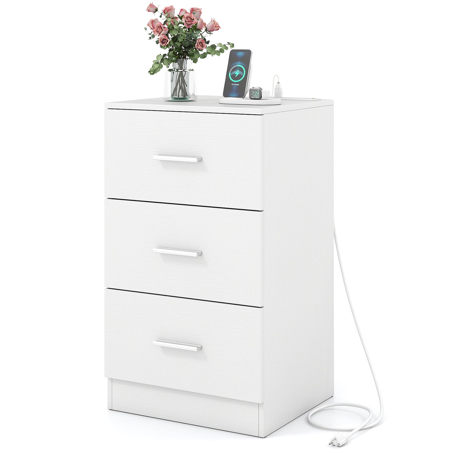 Nightstand with Charging Station End Table with 3 Storage Drawers Bedside Table for Bedroom-White