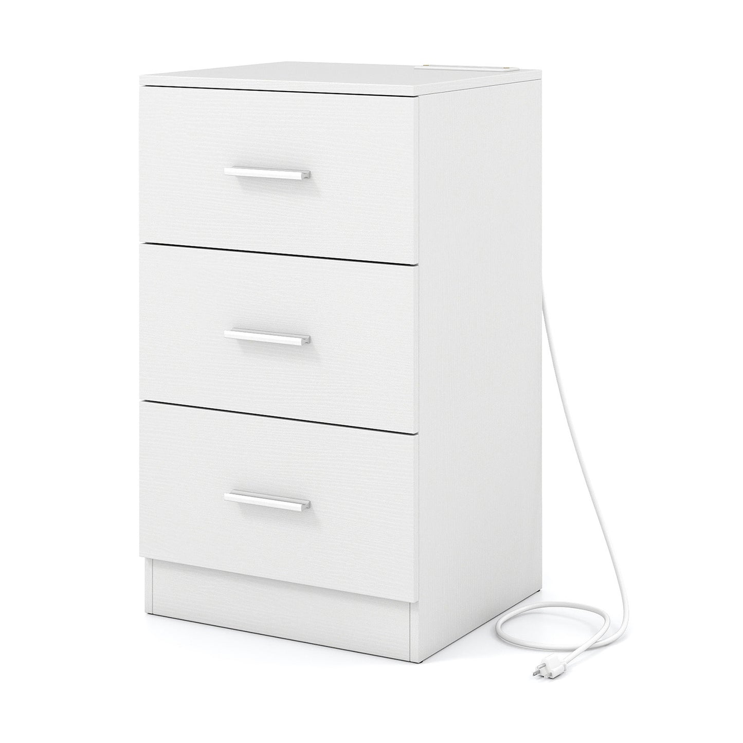 Nightstand with Charging Station End Table with 3 Storage Drawers Bedside Table for Bedroom-White