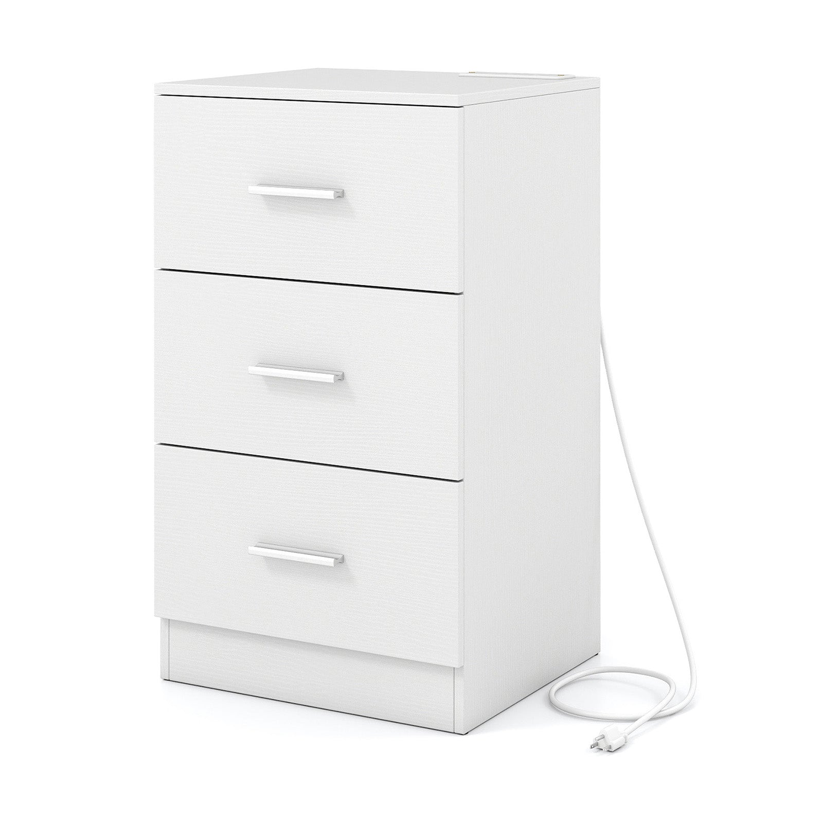 Nightstand with Charging Station End Table with 3 Storage Drawers Bedside Table for Bedroom-White