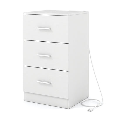 Nightstand with Charging Station End Table with 3 Storage Drawers Bedside Table for Bedroom-White