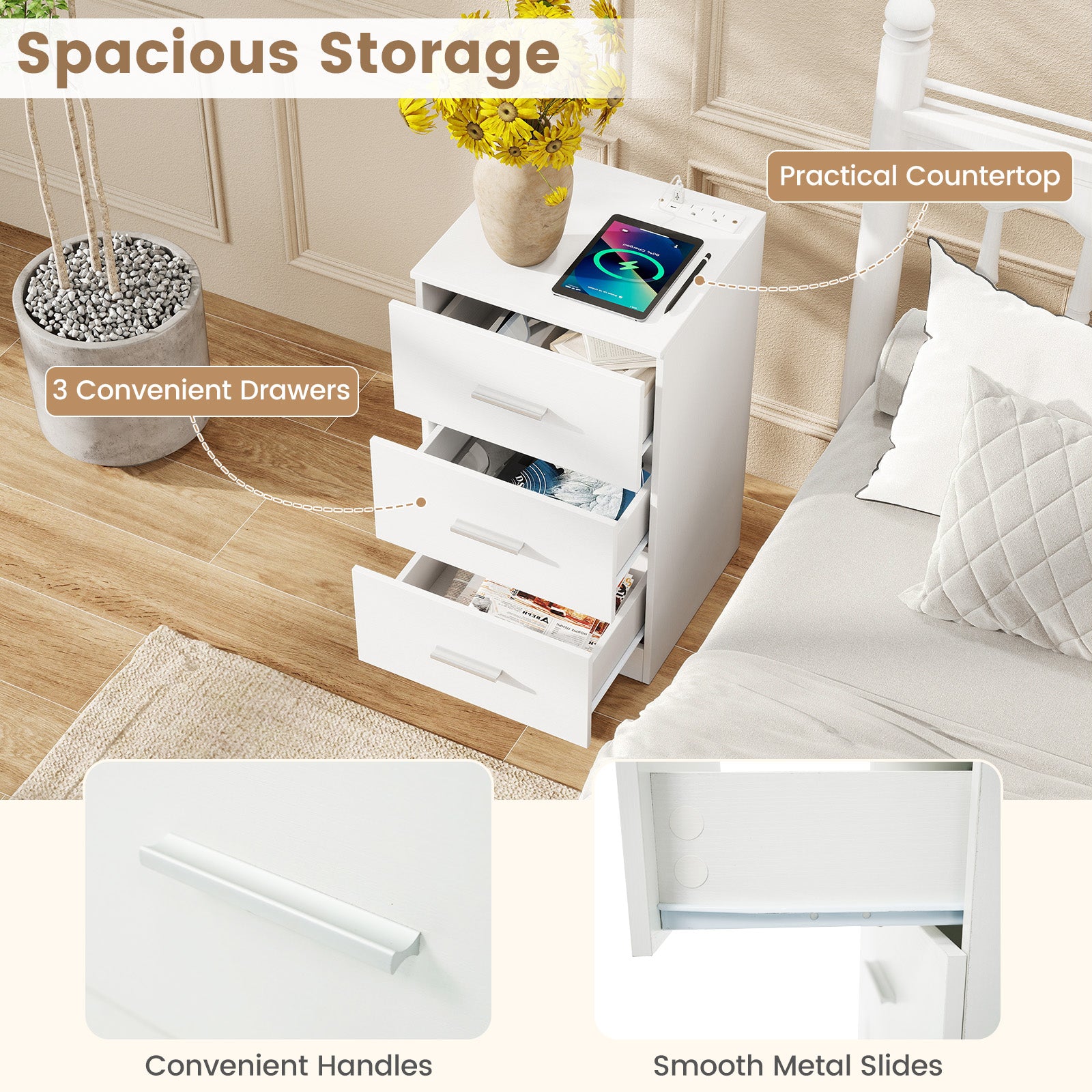 Nightstand with Charging Station End Table with 3 Storage Drawers Bedside Table for Bedroom-White