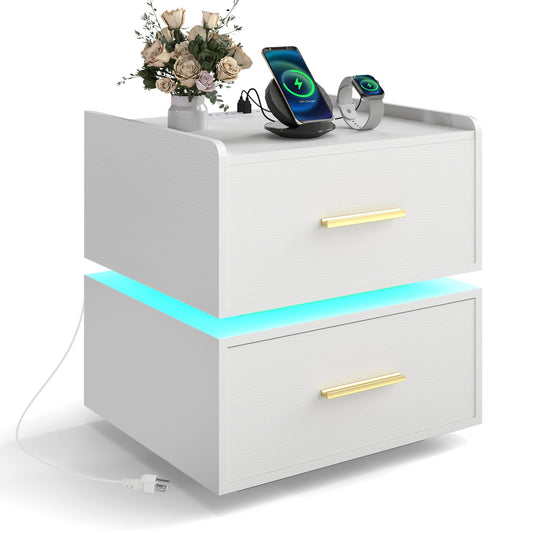 Nightstand with Charging Station LED Bedside Table with 2 Storage Drawers