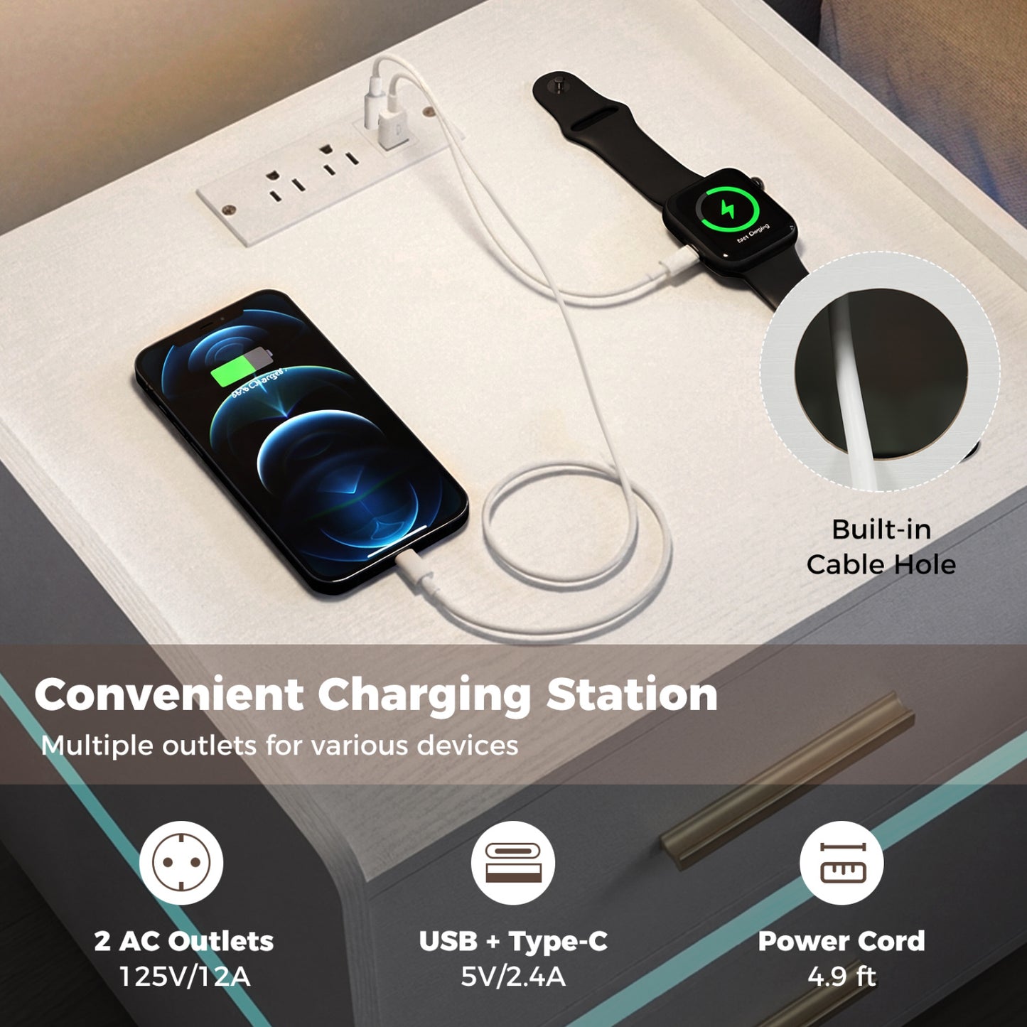 Nightstand with Charging Station LED Bedside Table with 2 Storage Drawers