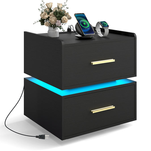Nightstand with Charging Station LED Bedside Table with 2 Storage Drawers