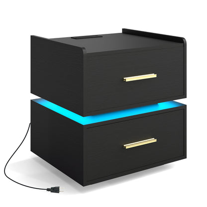 Nightstand with Charging Station LED Bedside Table with 2 Storage Drawers