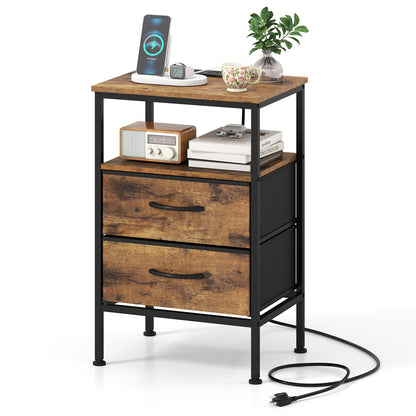 Nightstand with Charging Station 24.5 inch Modern Bedside Table with 2 Fabric Drawers