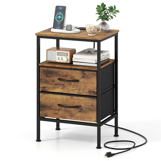 Nightstand with Charging Station 24.5 inch Modern Bedside Table with 2 Fabric Drawers