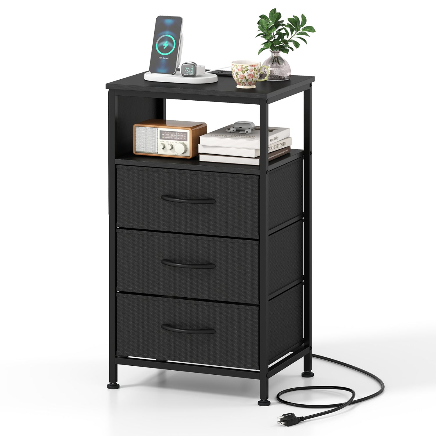 Nightstand with Charging Station 27.5 inch Modern Bedside Table with 3 Fabric Drawers