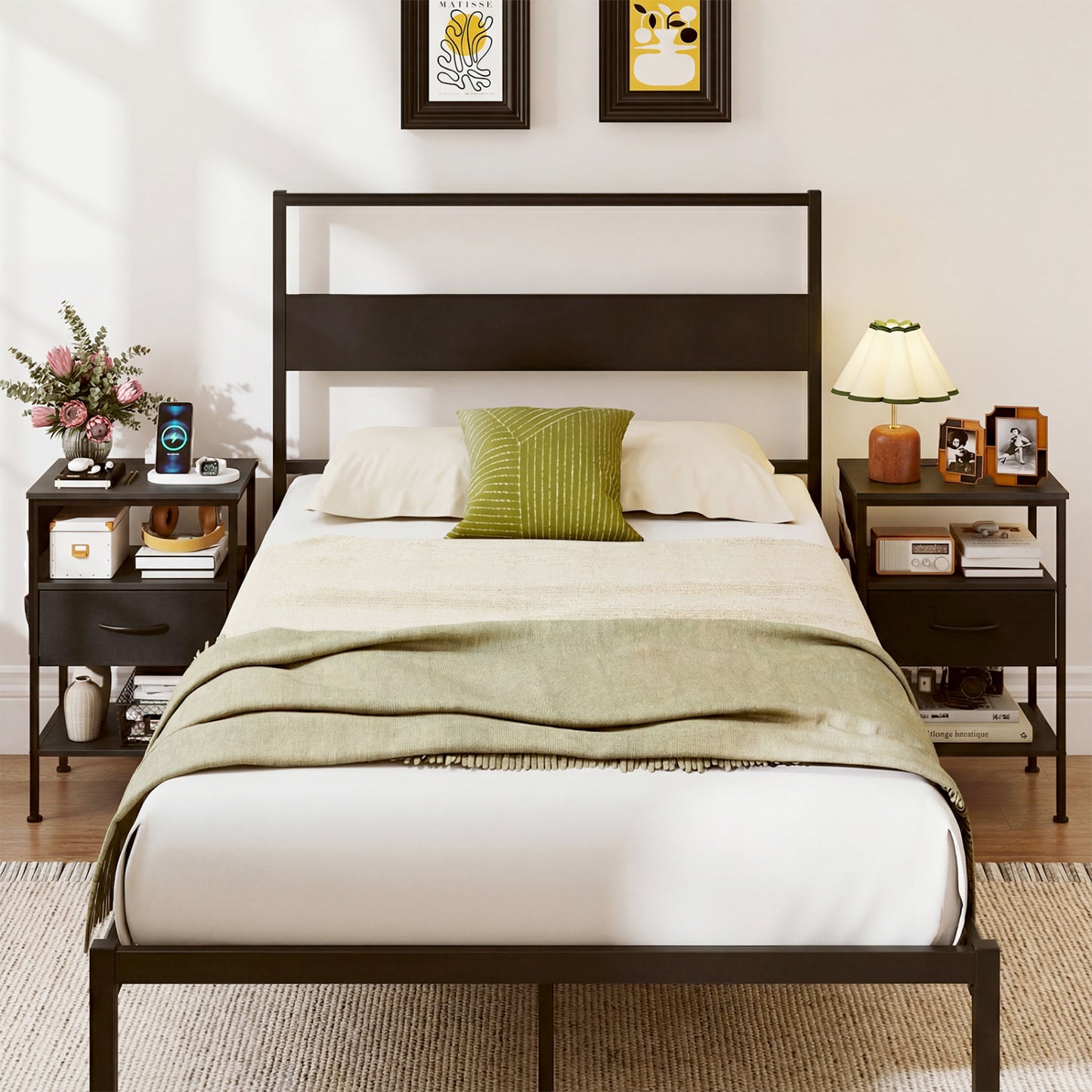 Nightstand with Charging Station and Fabric Drawer 24.5"
