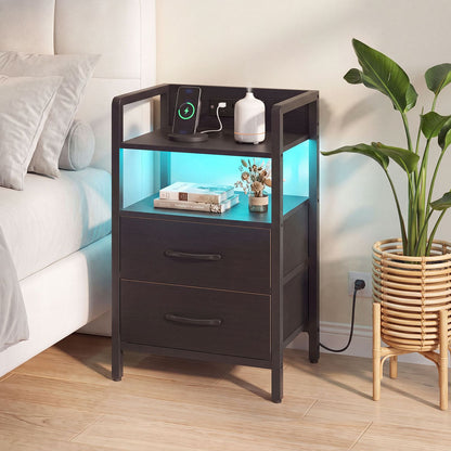 Nightstand with Charging Station and Storage Shelf for Bedroom Dorm Living Room-Black