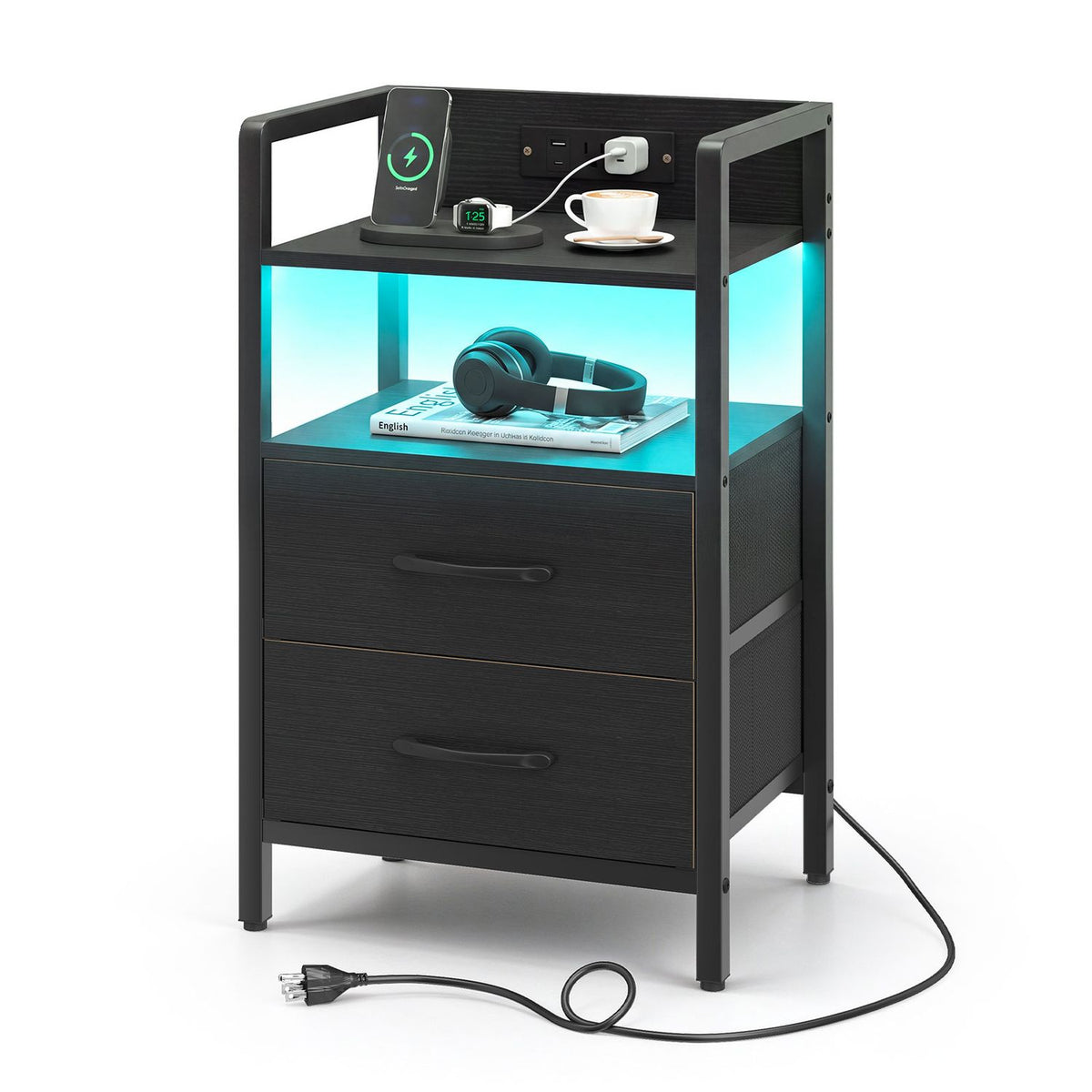 Nightstand with Charging Station and Storage Shelf for Bedroom Dorm Living Room-Black
