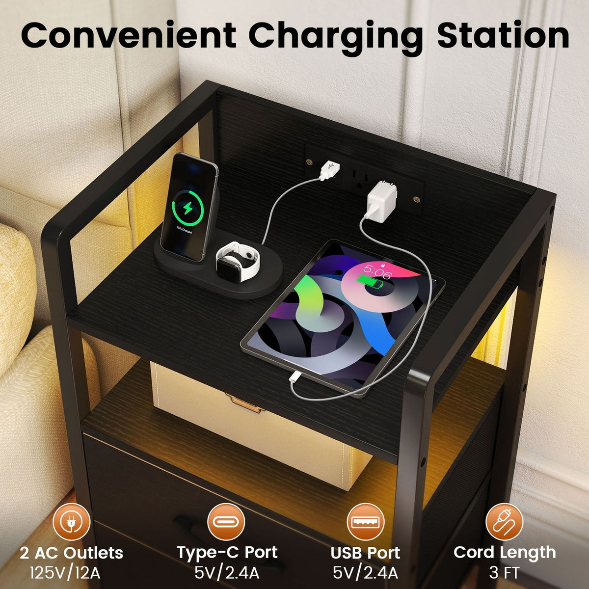 Nightstand with Charging Station and Storage Shelf for Bedroom Dorm Living Room-Black