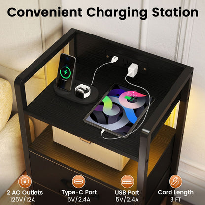 Nightstand with Charging Station and Storage Shelf for Bedroom Dorm Living Room-Black