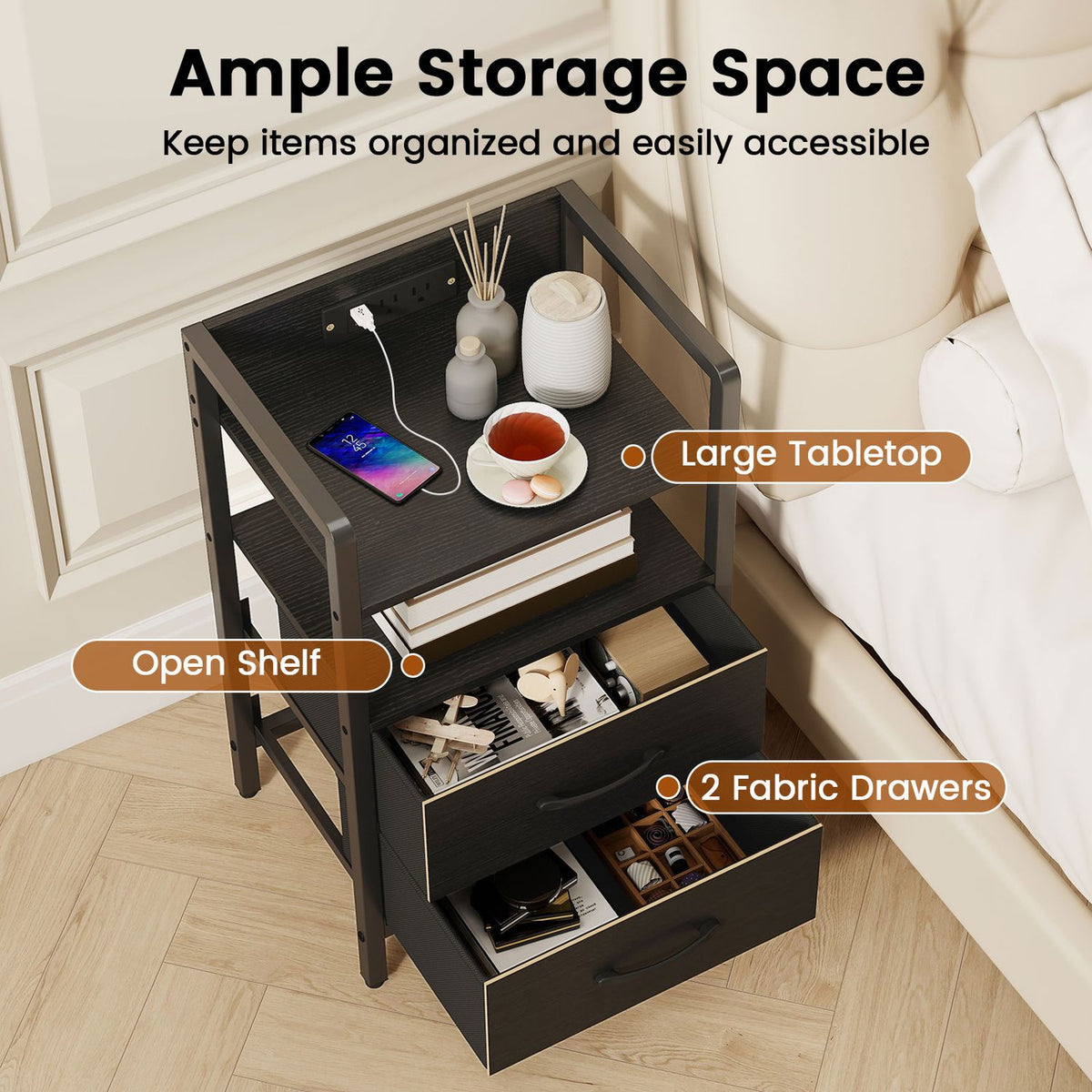 Nightstand with Charging Station and Storage Shelf for Bedroom Dorm Living Room-Black