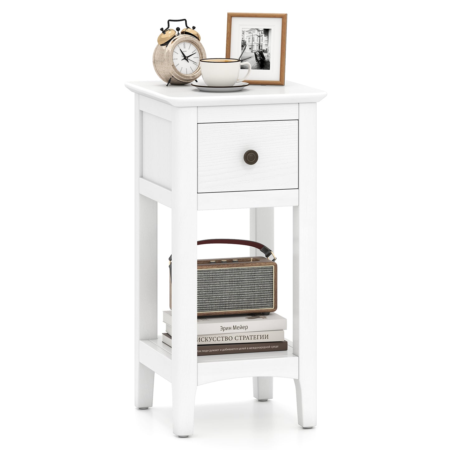 3-Tier Nightstand with Drawer and Open Storage Shelf-White