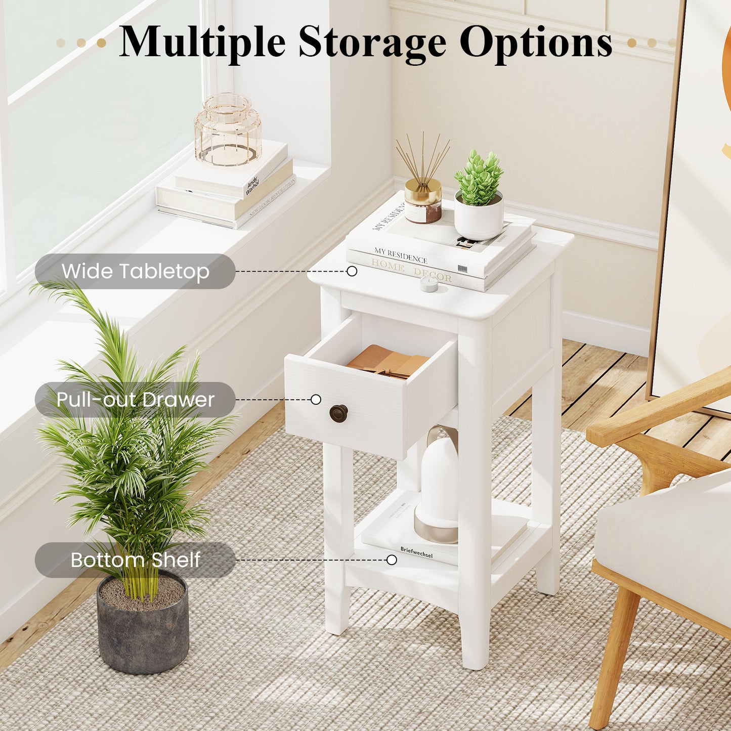 3-Tier Nightstand with Drawer and Open Storage Shelf-White