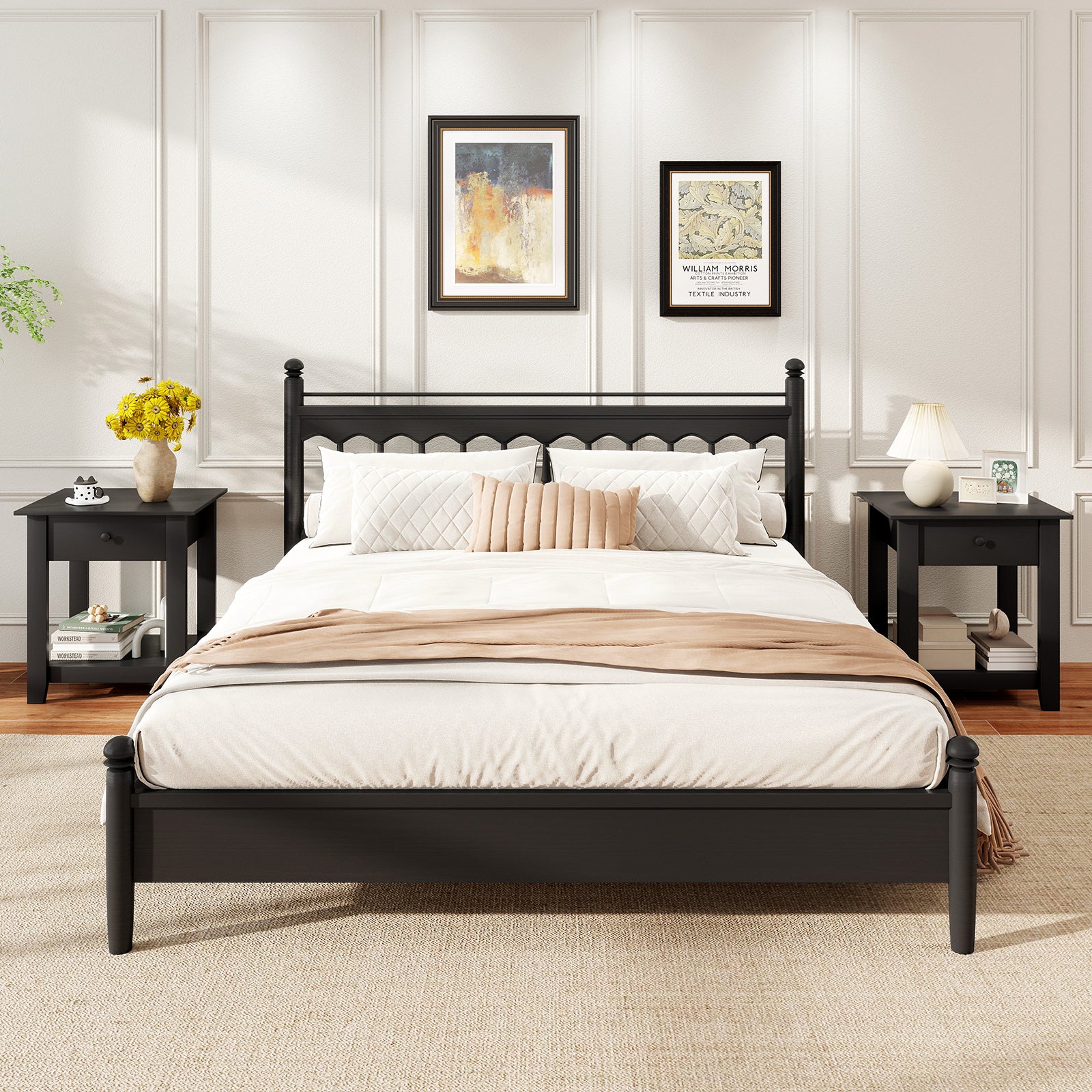 Set of 2 Nightstand with Drawer 3-Tier Modern Bedside Table with Open Shelf and Storage-Black