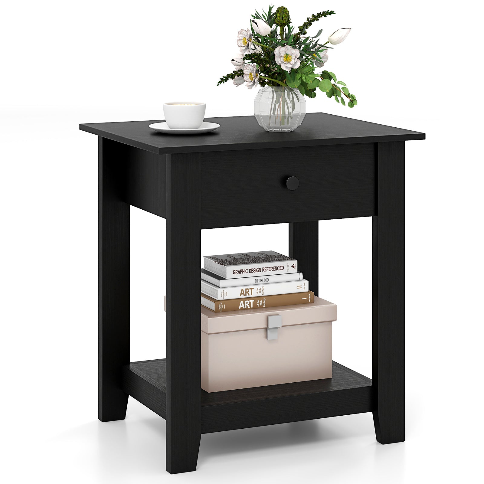 Nightstand with Drawer 3-Tier Modern Bedside Table with Open Shelf and Storage-Black