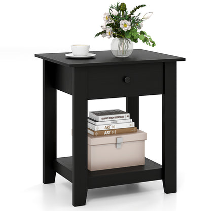 Nightstand with Drawer 3-Tier Modern Bedside Table with Open Shelf and Storage-Black