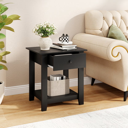 Nightstand with Drawer 3-Tier Modern Bedside Table with Open Shelf and Storage-Black