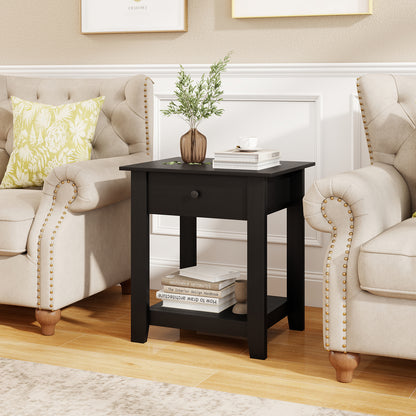 Nightstand with Drawer 3-Tier Modern Bedside Table with Open Shelf and Storage-Black