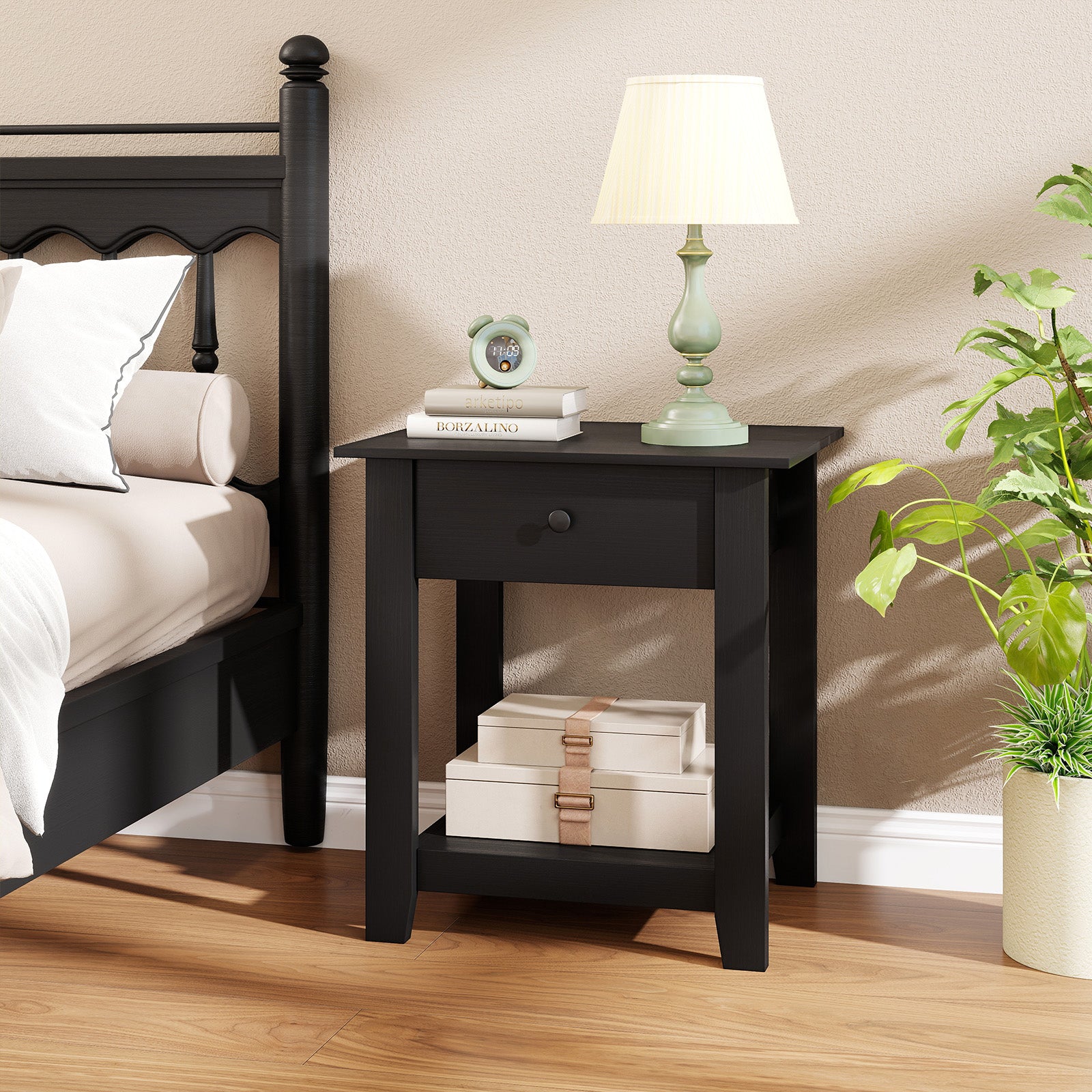 Nightstand with Drawer 3-Tier Modern Bedside Table with Open Shelf and Storage-Black