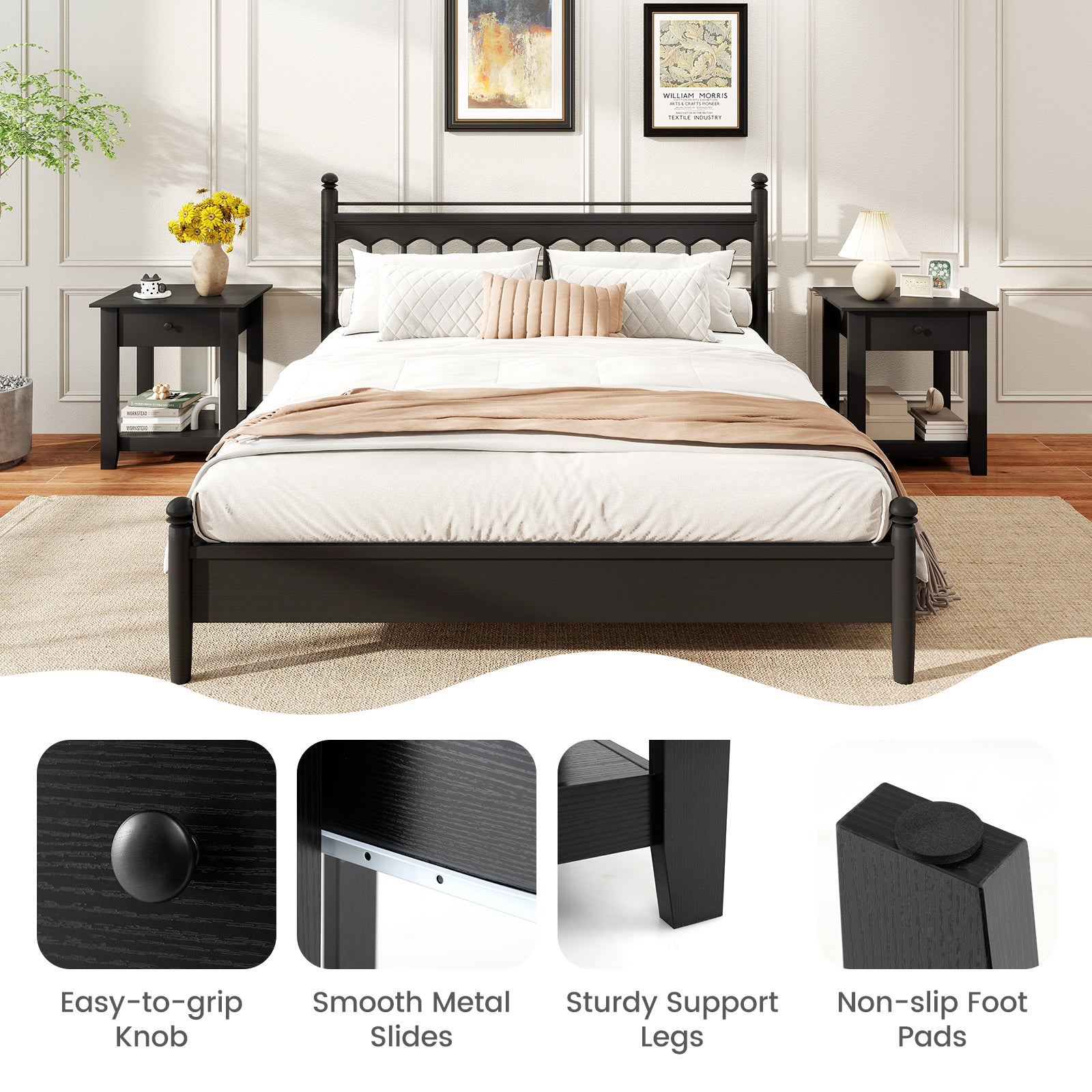 Nightstand with Drawer 3-Tier Modern Bedside Table with Open Shelf and Storage-Black