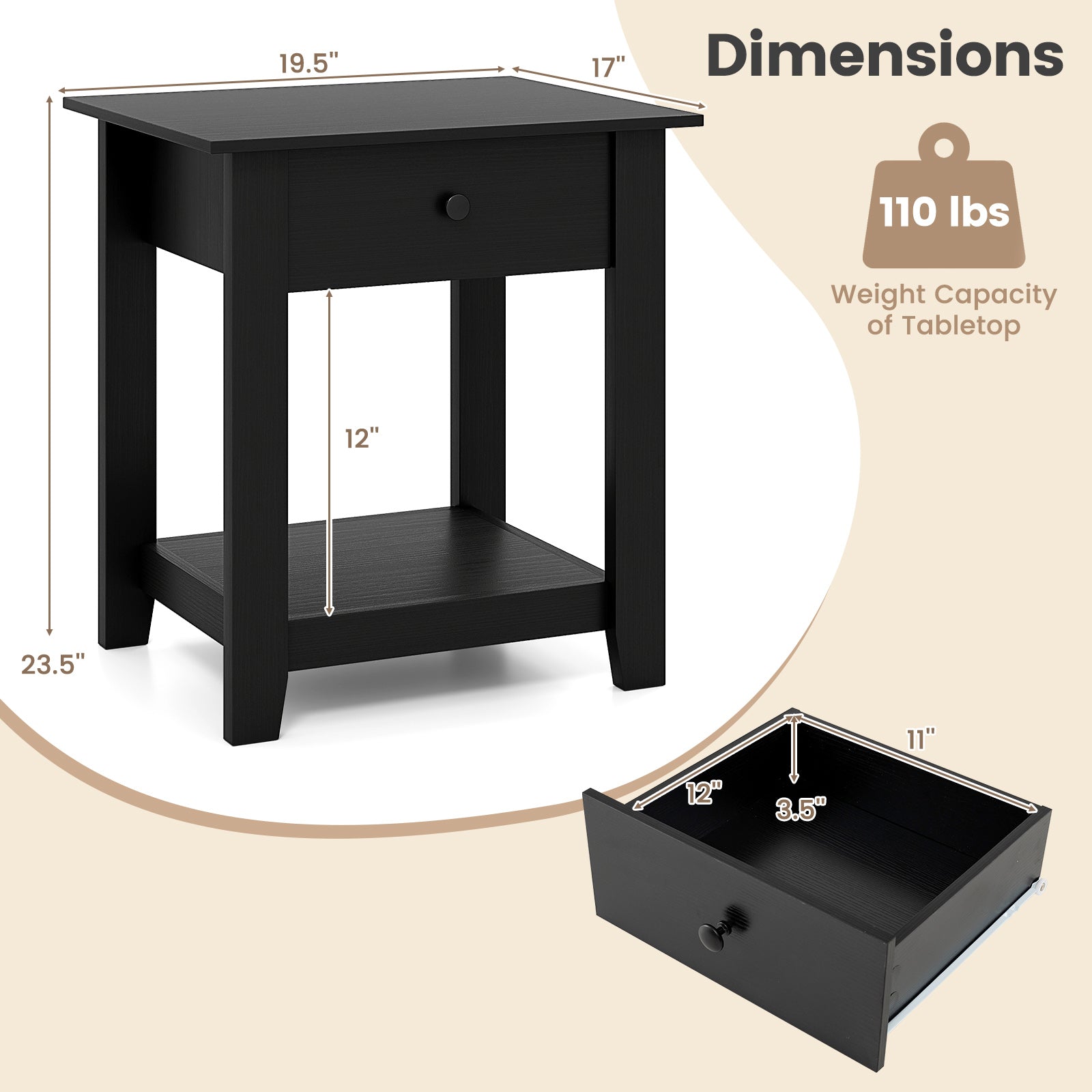 Nightstand with Drawer 3-Tier Modern Bedside Table with Open Shelf and Storage-Black