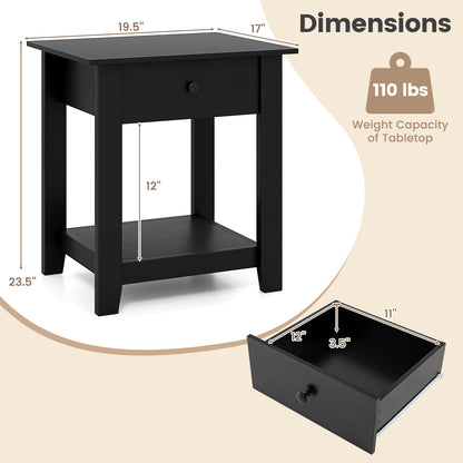 Nightstand with Drawer 3-Tier Modern Bedside Table with Open Shelf and Storage-Black