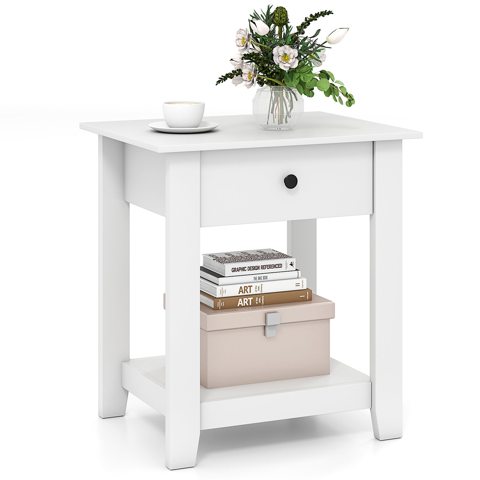 Nightstand with Drawer 3-Tier Modern Bedside Table with Open Shelf and Storage-White