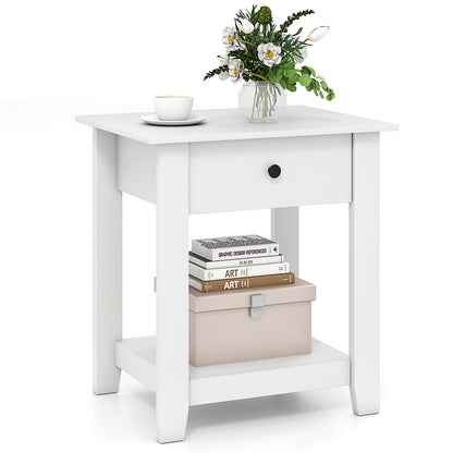 Nightstand with Drawer 3-Tier Modern Bedside Table with Open Shelf and Storage-White