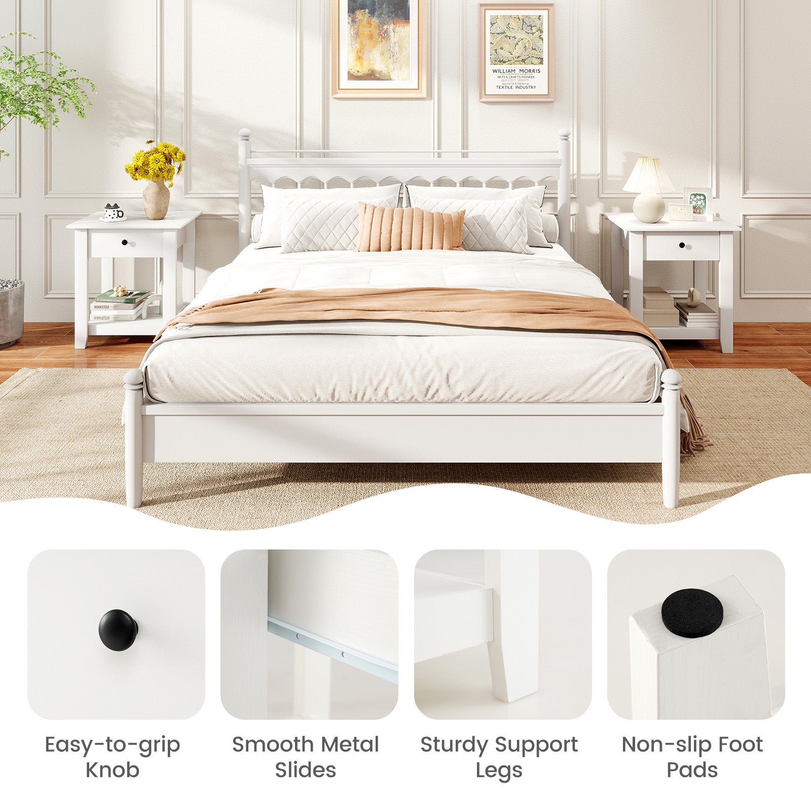 Nightstand with Drawer 3-Tier Modern Bedside Table with Open Shelf and Storage-White