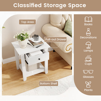 Nightstand with Drawer 3-Tier Modern Bedside Table with Open Shelf and Storage-White