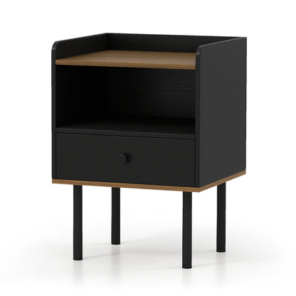 Nightstand with Drawer 3-Tier Sofa Side Table with Open Storage Shelf-Black