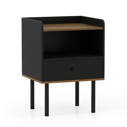 Nightstand with Drawer 3-Tier Sofa Side Table with Open Storage Shelf-Black
