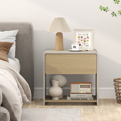 2-Tier Modern Style Nightstand with Drawer and Open Shelf-Oak