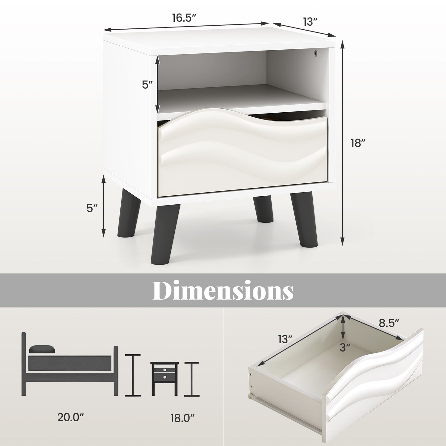 Nightstand Mid Century Modern Bedside Table with 3D Wavy Pattern and Open Shelf-White